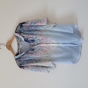 Chico's Sheer Floral Striped Jacquard Flutter-Sleeve Button Down Size Large